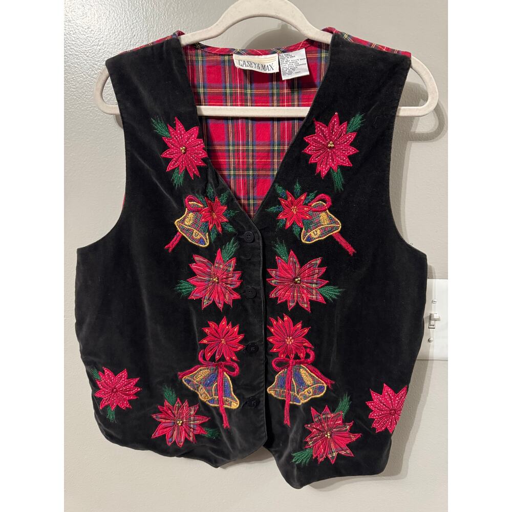 Vintage Casey & Max Vest Womens Large Red Plaid Christmas Poinsettia Embroidered